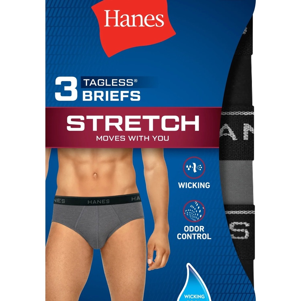 NWT 3pk Hanes Mens Tagless Gray/Black Stretch Briefs - No Fly